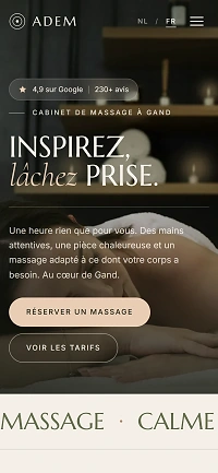 Site d'exemple d'ADEM, un cabinet de massage à Gand, sur un smartphone