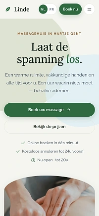 Voorbeeldsite van Linde, een massagehuis in Gent, op een smartphone
